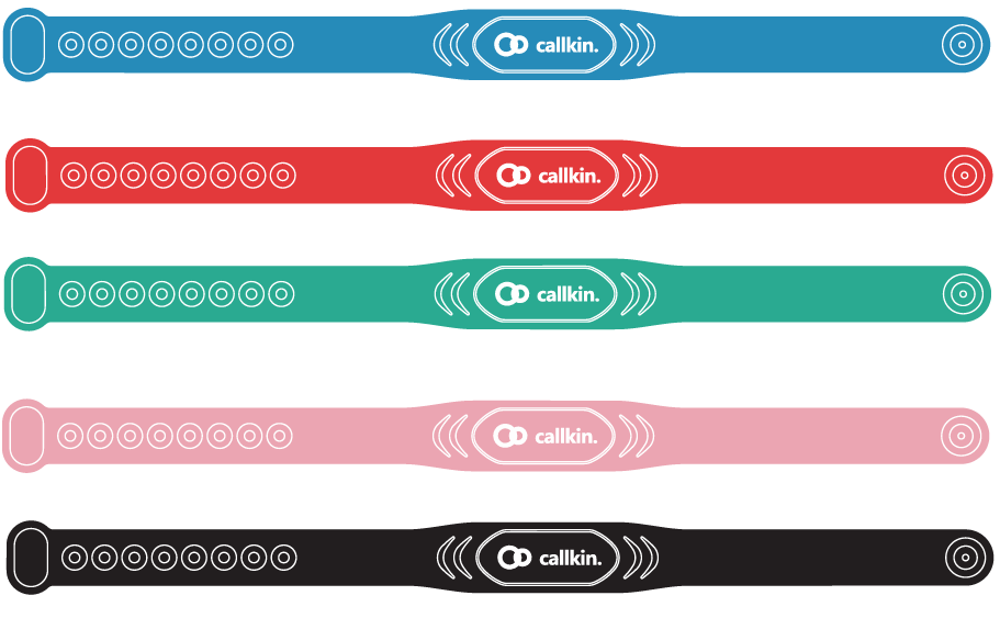 CallKin wristbands shown in all five available colors: black, blue, red, green, and pink (design render, not a product photo)