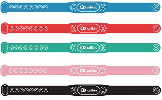 CallKin wristbands shown in all five available colors: black, blue, red, green, and pink (design render, not a product photo)