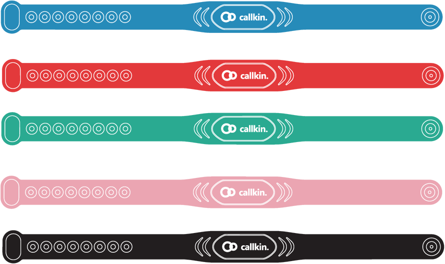 The CallKin wristband in blue, red, green, pink and black